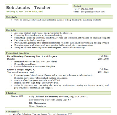 Free Elementary Teacher Resume Template Example