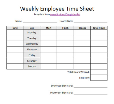 weekly timesheet template. Weekly Employee Time Sheet