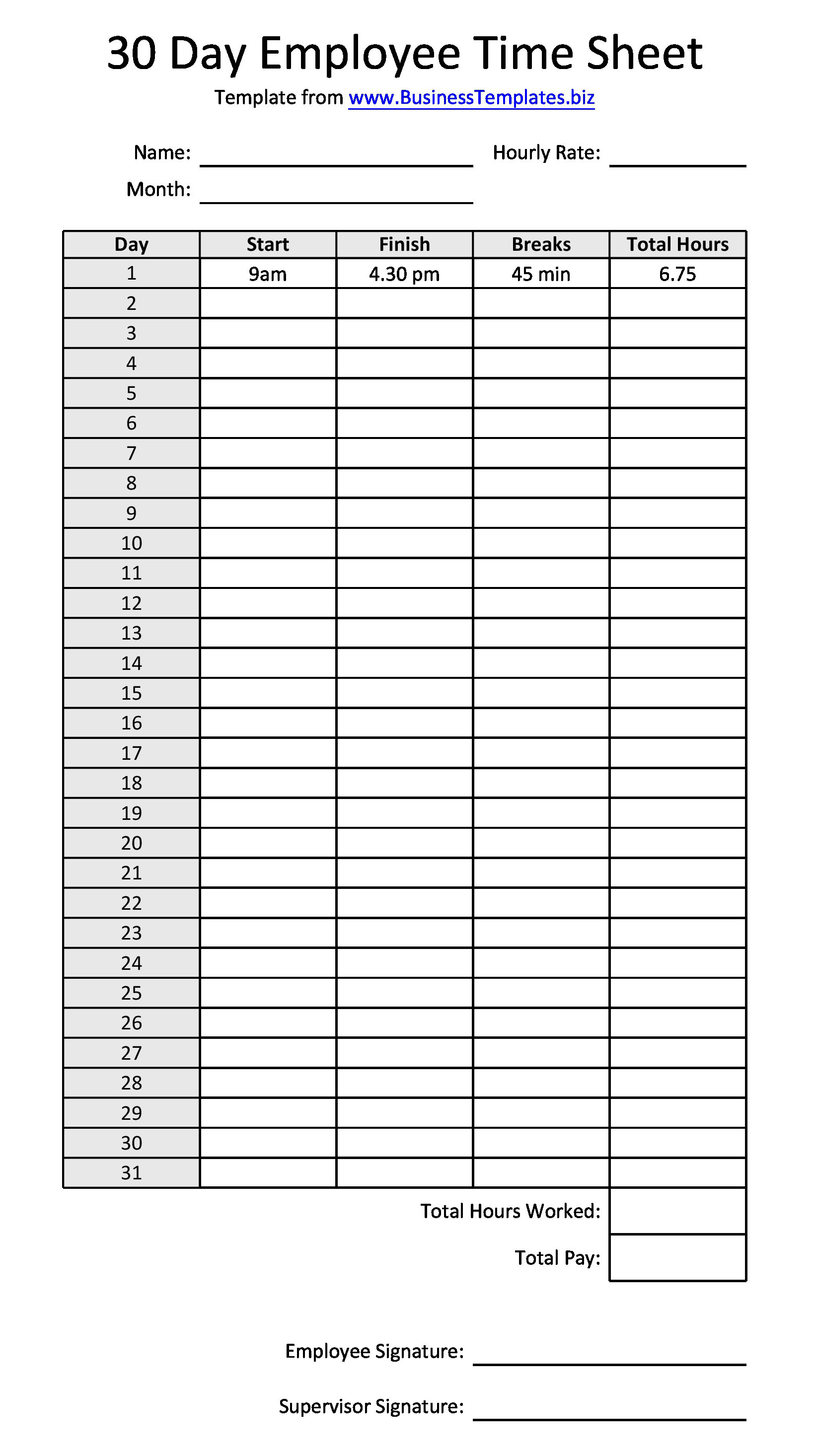 30 Day Employee Time Sheet