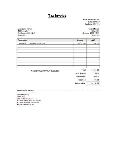 Tax Invoice Template Doc